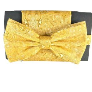 Steven Land Men's Bow Tie & Hanky Set Gold Paisley Micro-silk Hand Made